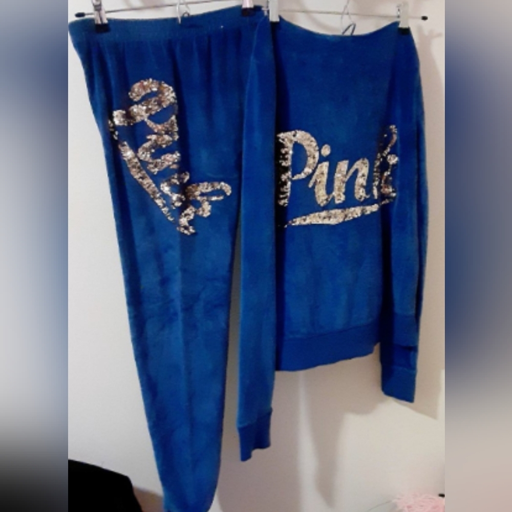 PINK Blue Sequin Velour Jogger Tracksuit Set